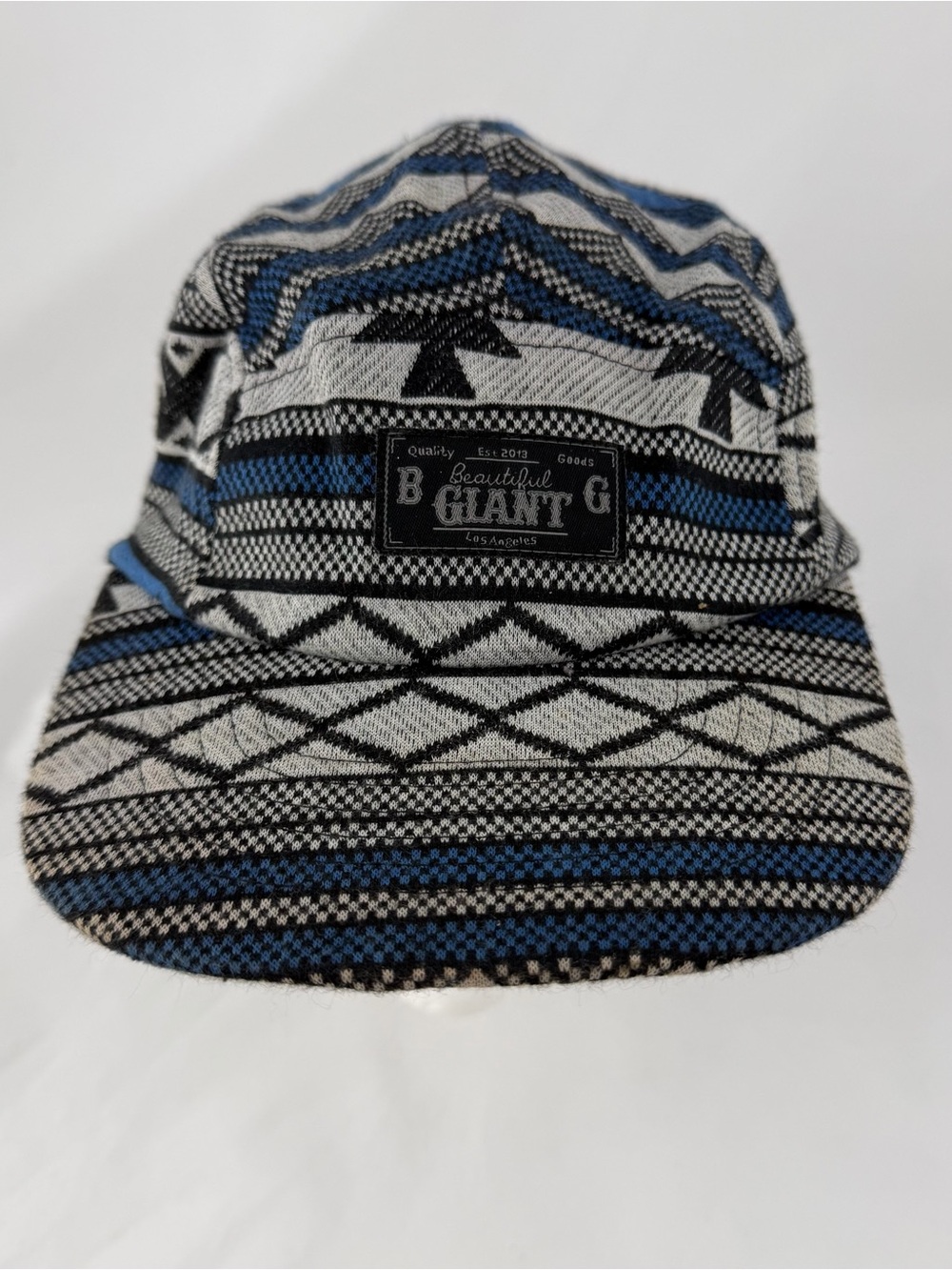 Beautiful Giant Patterned Five-Panel Hat in Blue, Black & Cream